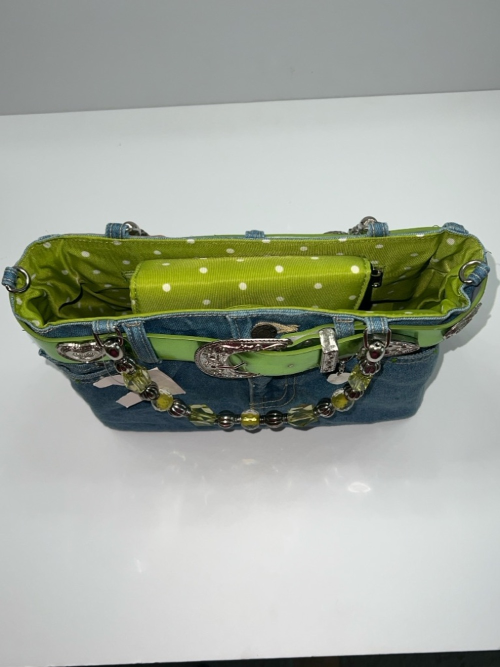 NWT MINGHAOS Denim Bag With Lime Green Belt and Beaded Handles - Picture 11 of 14